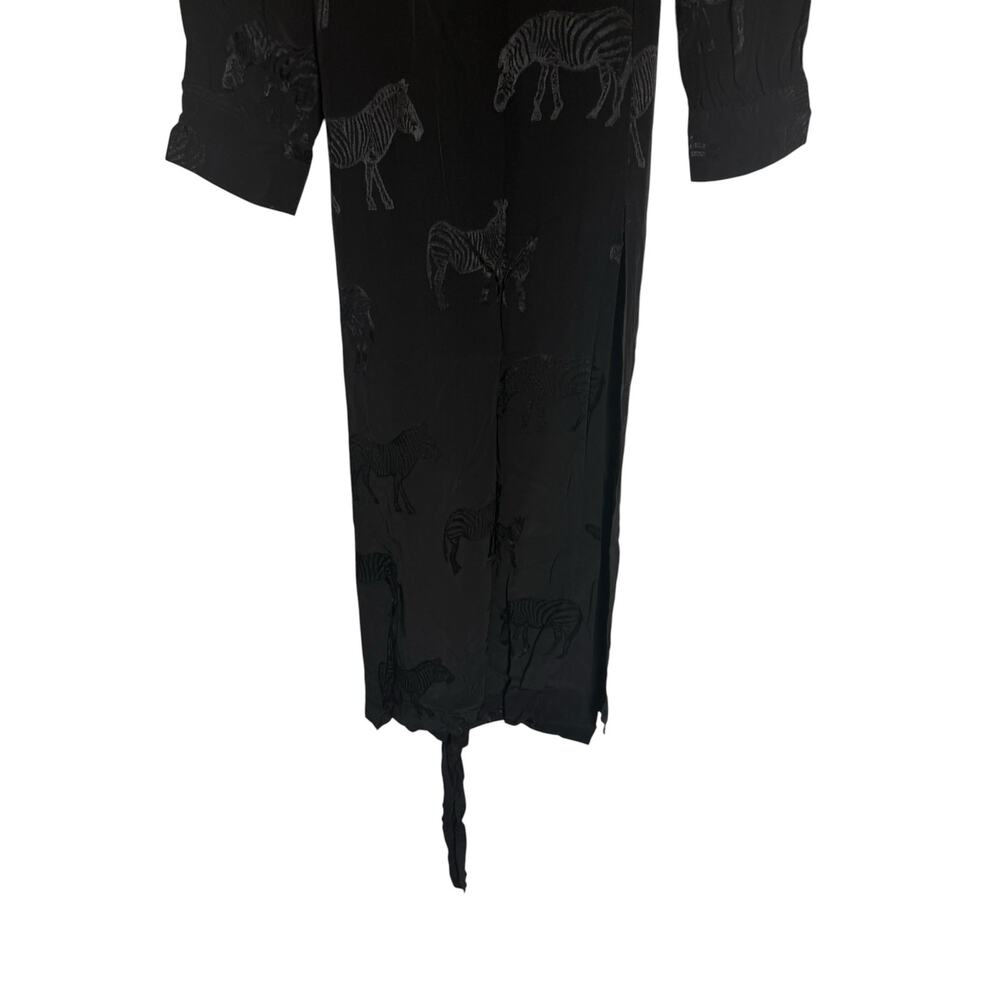 Black Tonal Zebra Print Long Sleeve Asymmetric Button Tie Waist Maxi Dress M - Picture 3 of 7
